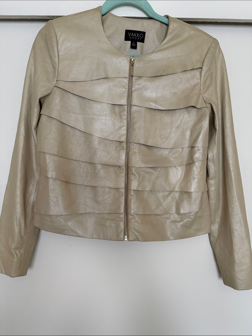 Vakko Beige Cream Leather Ruffle-Front Zip Jacket